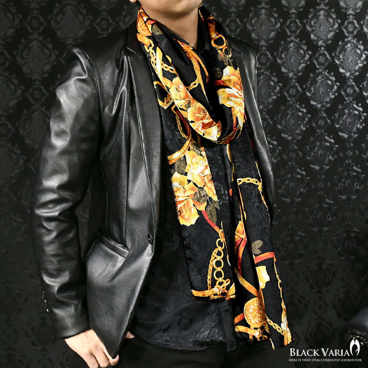 ストール ロング 花柄 バラ チェーン メンズ ジャガード 大判 派手 日本製 スカーフ ロングストール mens ファッション bv(ブラック黒)  939716a | BLACK VARIA／ブラックバリア