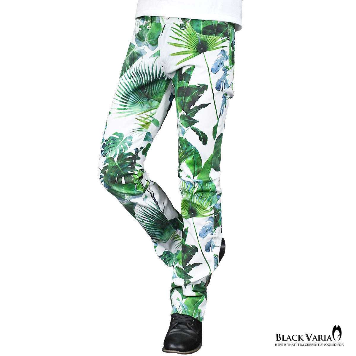 魅了 ロングパンツ ボタニカル柄 ブーツカット 日本製 柄パン メンズ スリム ストレッチ シューカット ボトムス Mens ホワイト白グリーン緑 新品 Flex Money Com