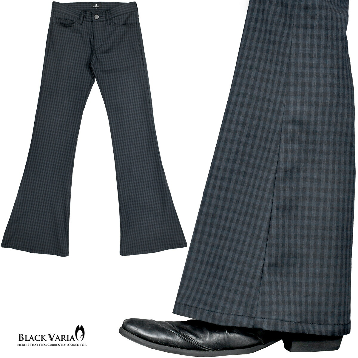 0#192256-whbk ブラックバリア 千鳥柄ベルボトムパンツ 裾広フレア パンタロン ラッパズボン メンズ(ホワイト白×黒) L31 股上浅め 舞台 | [ブラックバリア] BlackVaria ベルボトム タータンチェック柄