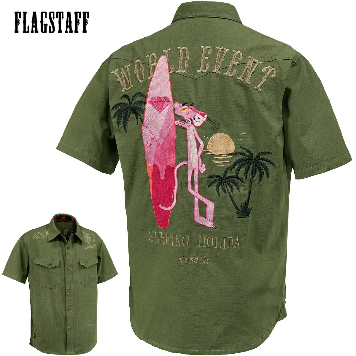 ピンクパンサー PINK PANTHER ワークシャツ リップストップ mens メンズ サーフボード 半袖シャツ(カーキ緑) 432044｜BLACK VARIA／ブラックバリア