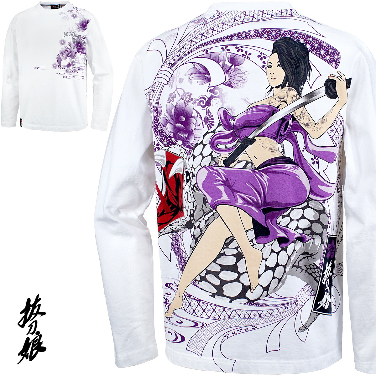 抜刀娘 ばっとうむすめ クルーネック 長袖Tシャツ 穂乃花 和柄 刺繍 メンズ ロンT mens(ホワイト白) 233304｜BLACK VARIA／ブラックバリア