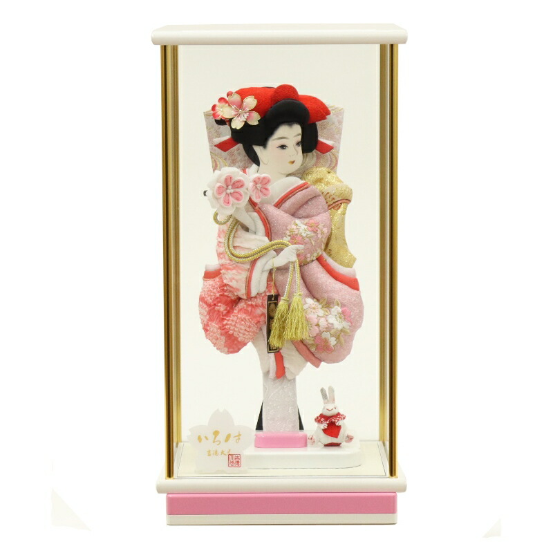 羽子板 ケース飾り いろは 10号 高さ44.5cm ピンク ホワイト×ピンクケース (2024-tst069) 押絵振袖羽子板 ケース入り お正月飾り