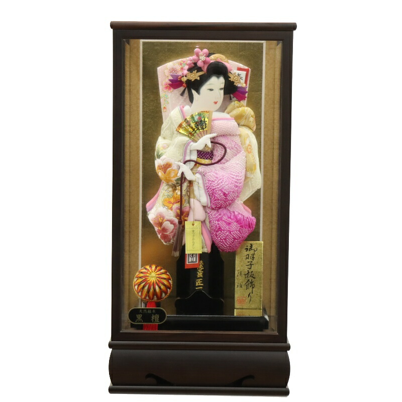 羽子板 ケース飾り こころ 13号 高さ57cm 正絹刺繍四季ぼかし 匠一好 銘木 黒檀戸付ケース (2025-ts033) 押絵振袖羽子板 ケース入り お正月飾り