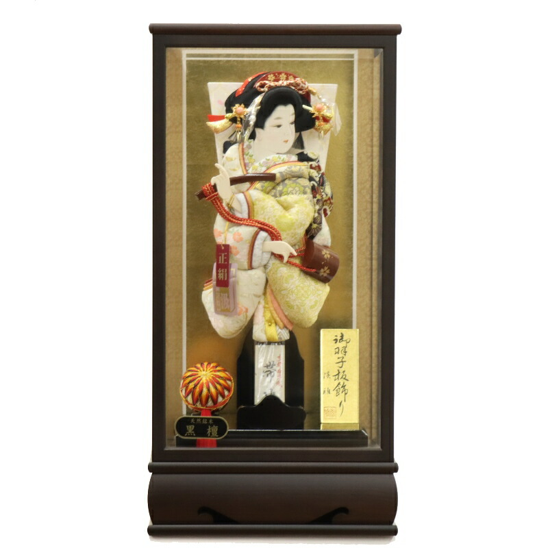羽子板 ケース飾り こはる 13号 高さ57cm 帯地こはる 汐汲 銘木 黒檀戸付ケース (2025-ts142) 押絵振袖羽子板 ケース入り お正月飾り
