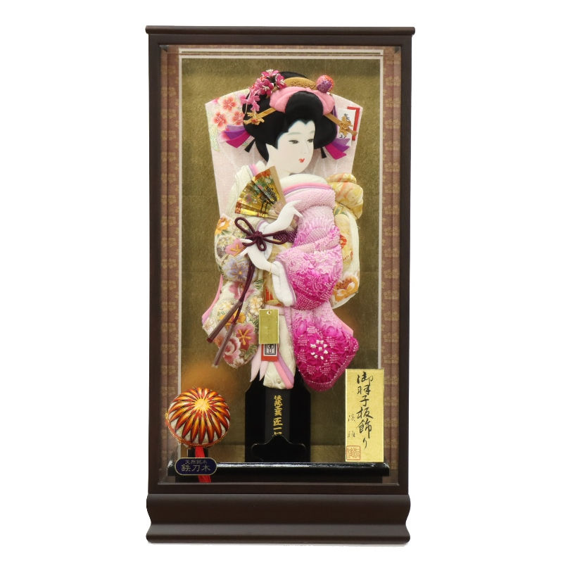 羽子板 ケース飾り るり 18号 高さ73cm 正絹刺繍四季ぼかし 匠一好 銘木 鉄刀木ケース (2025-ts155) 押絵振袖羽子板 ケース入り お正月飾り