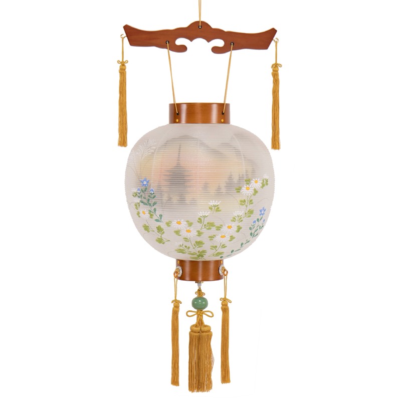 盆提灯 八女提灯 吊り提灯 御殿丸 萩の香絹二重絵入 11号 長さ85cm （P15)(8033-11152ac) 下げ提灯（吊り提灯） LED電池式 初盆 お盆