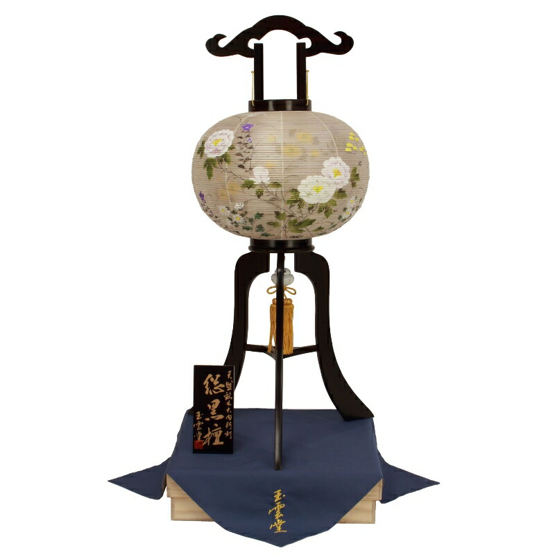盆提灯 八女提灯 置き提灯 銘木行灯 銘木黒檀絹二重絵入 大12号 高さ91cm （P36)(8569-12604) 電気コード式 初盆 お盆｜人形のゆめさき