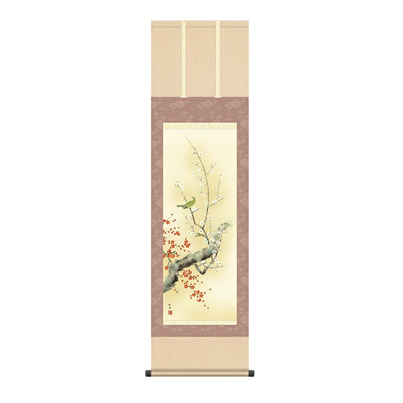 掛軸 花鳥画 春掛け 紅白梅に鶯 尺三 田村竹世 [KZ2MA2-086](代引き不可)