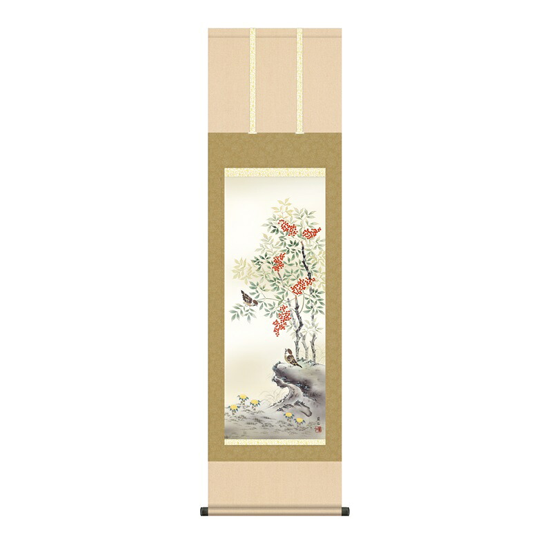 掛軸 花鳥画 冬掛け 南天福寿 尺三 高見蘭石 [KZ2MA5-062](代引き不可)