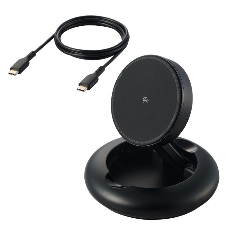 エレコム ワイヤレス充電器 Qi 認証 Qi2 対応 15W / 7.5W / 5W マグネット式 スタンド 2Way 折り畳み式 ケーブル付属 1m 【 Qi2対応 iPhone AirPods 各種対応 】 ブラック W-MA08BK