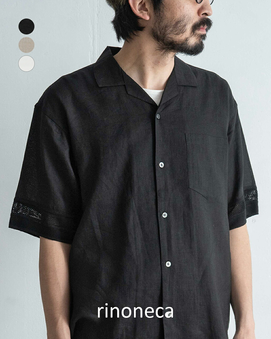 リノネカ rinoneca リネン メッシュ オープンカラーシャツ メンズ LINEN MESH OPEN COLLAR SHIRT 半袖 開襟 RNC004 0510|Crouka LR/クローカ エルアール