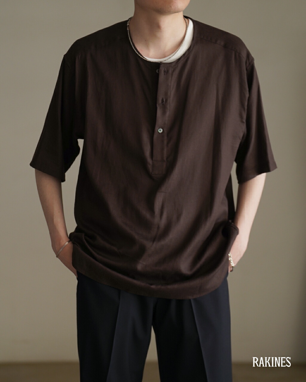 【SALE!30%OFF】ラキネス RAKINES ヘンリーネック プルオーバーシャツ レーヨン×リネン オックスフォード - アレックス メンズ 15S26HN357S 半袖 0328 xp10|Crouka LR/クローカ エルアール