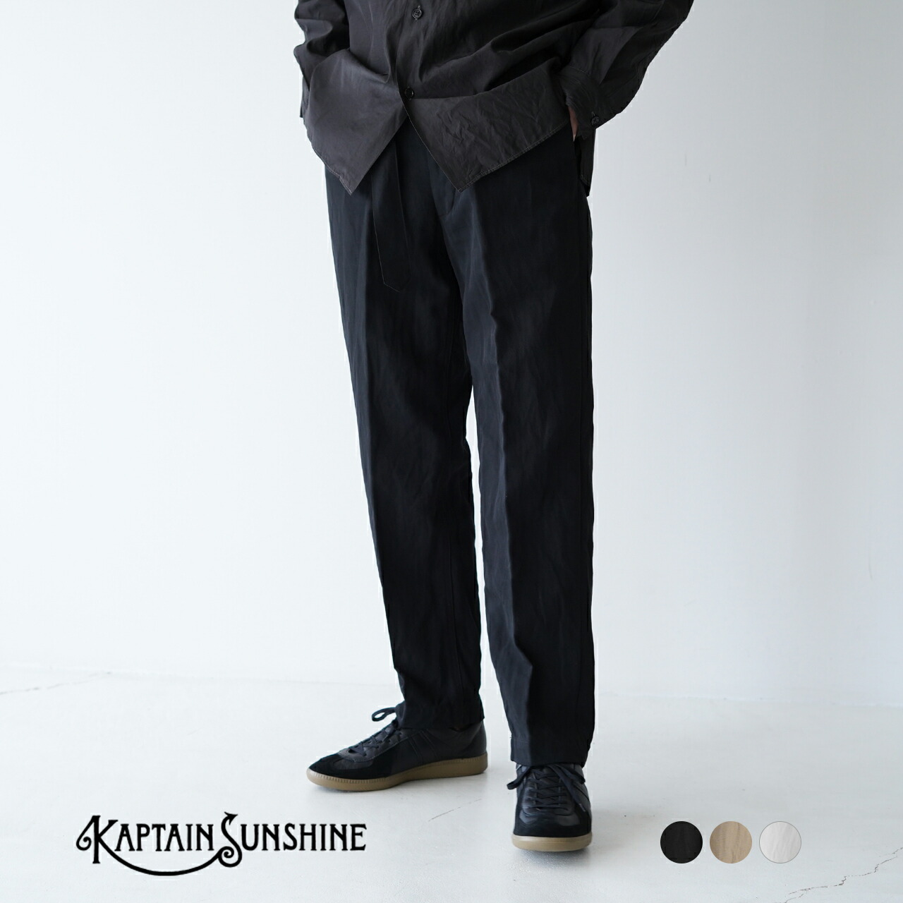 最安価格 キャプテンサンシャイン Kaptain Sunshine ワークパンツ ワイドパンツ メンズ 21春夏 コットンリネン 日本製 無地 ブラック ホワイト ベージュ 3サイズ展開 Ks21spt05 ベルト付き ワーク トラウザーズ Belted Work Trousers 0222 年末のプロモーション大特価