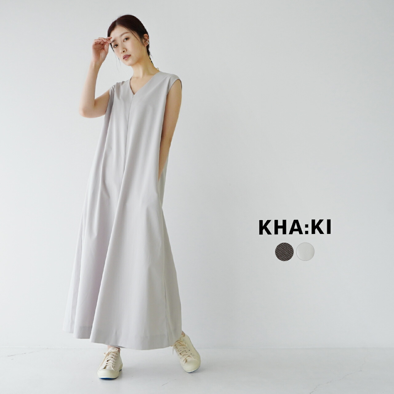 格安saleスタート ストレッチ 21春夏 レディース オールインワン カーキ ジャンプスーツ 送料無料 1218 Kha Ki Mil 21hpt138 ブラウン グレージュ 裏地なし バックジップ Vネック ノースリーブ レディースファッション オールインワン サロペット