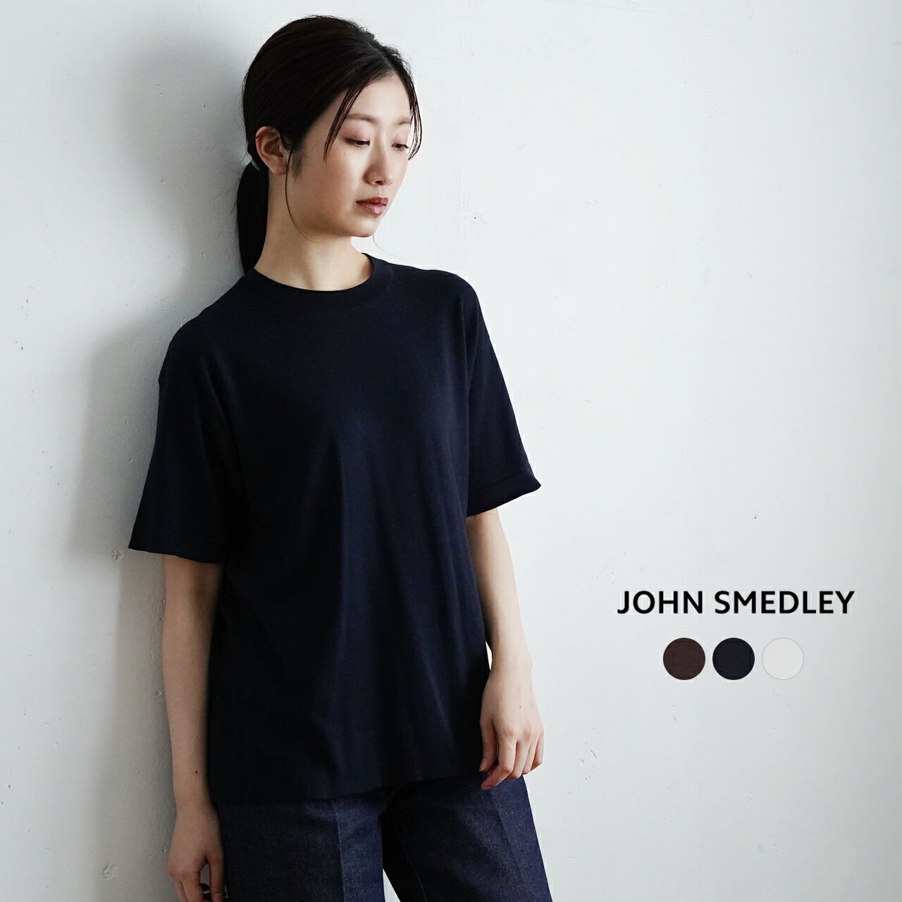 心地のよいニットｔ 0419レディースファッション 女性が自然体でいられる セーター S4480 ニット John Smedley John ジョンスメドレー 21春夏 レディース ストレッチ 日本別注 ジョンスメドレー 半袖 クルーネック 無地 イギリス製 ブラウン ネイビー ホワイト