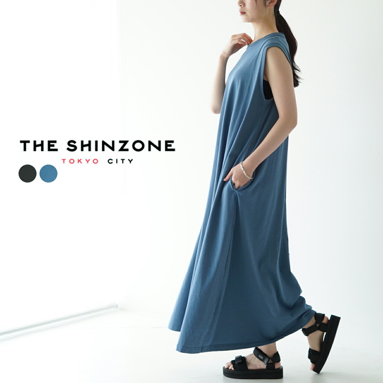Shinzone シルエットが美しい 存在感抜群のフレアドレス ワンピース シンゾーン The シンゾーン 無地 クルーネック ロング コットン 21春夏 ポイント10倍 Dress ワンピース レディース ノースリーブ 無地 日本製 カットソー 裏地なし ブラック ブルー フリーサイズ