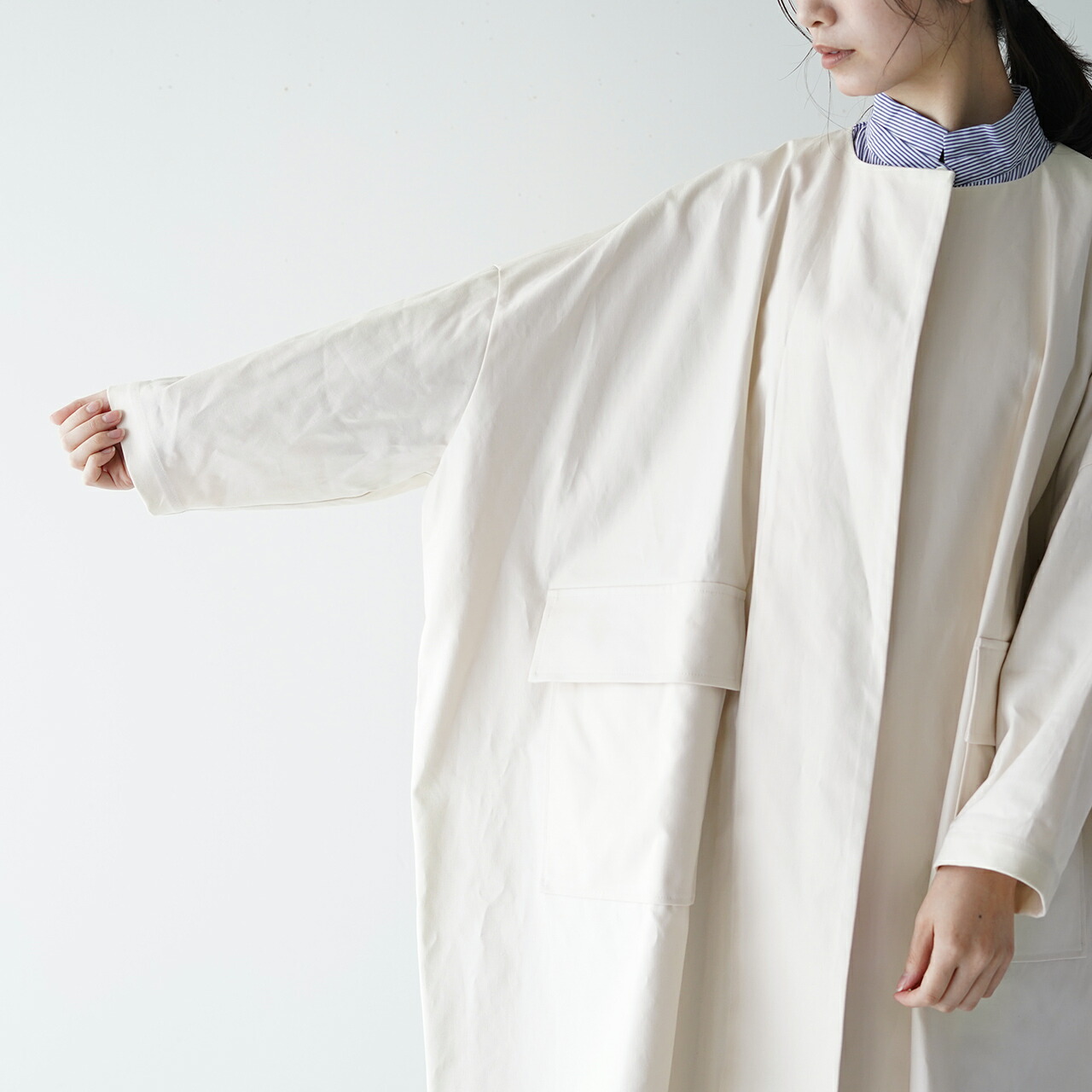 ミズイロインド mizuiro ind ポケット付き ノーカラー ワイド コート