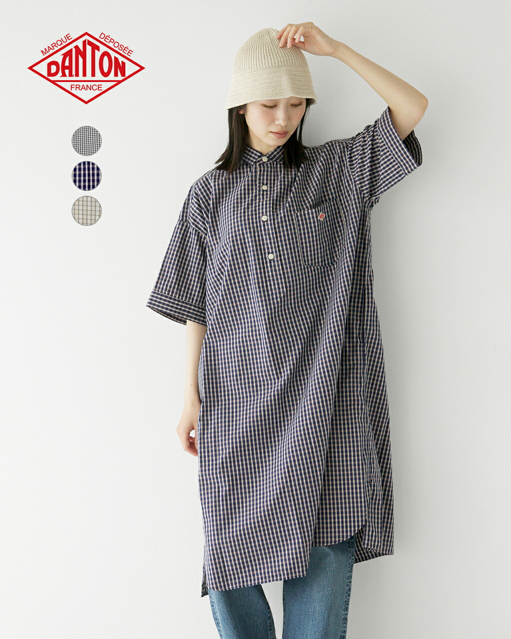 【新品】ダントン DANTON コットン 半袖シャツワンピース ギンガムチェック 新品】ダントン DANTON コットン 半袖シャツワンピース ギンガム