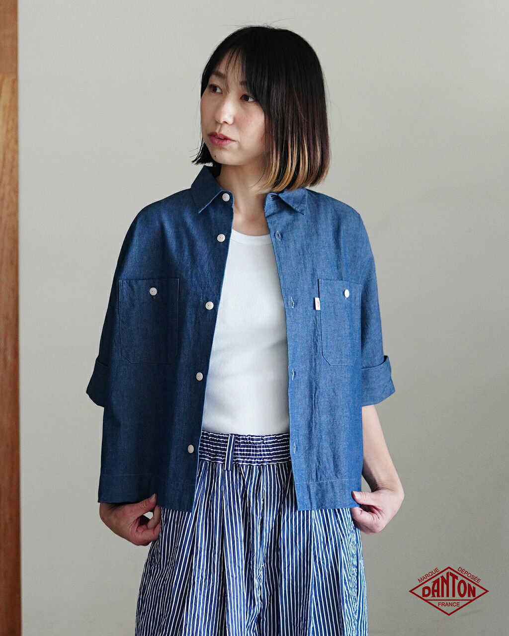 ダントン DANTON ワークシャツ レディース WORK SHIRT 半袖 ホワイト インディゴ 白 青 紺 ドルマンスリーブ ゆったり 軽やか コットンシャンブレー DT-B0345 SCA【クーポン対象外】0421｜Crouka／クローカ