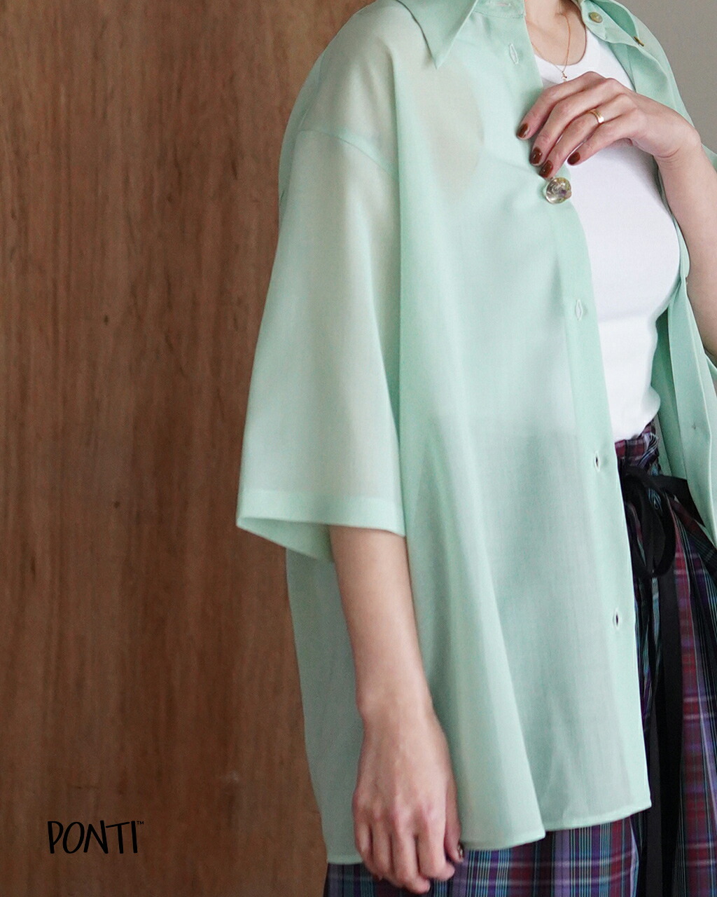 【SALE！30%OFF】ポンティ PONTI ハイツイストガーゼシャツ レディース High-twisted gauze shirt PO1S013 ウール混 シアーシャツ ハーフスリーブ 0308 pr30｜Crouka／クローカ