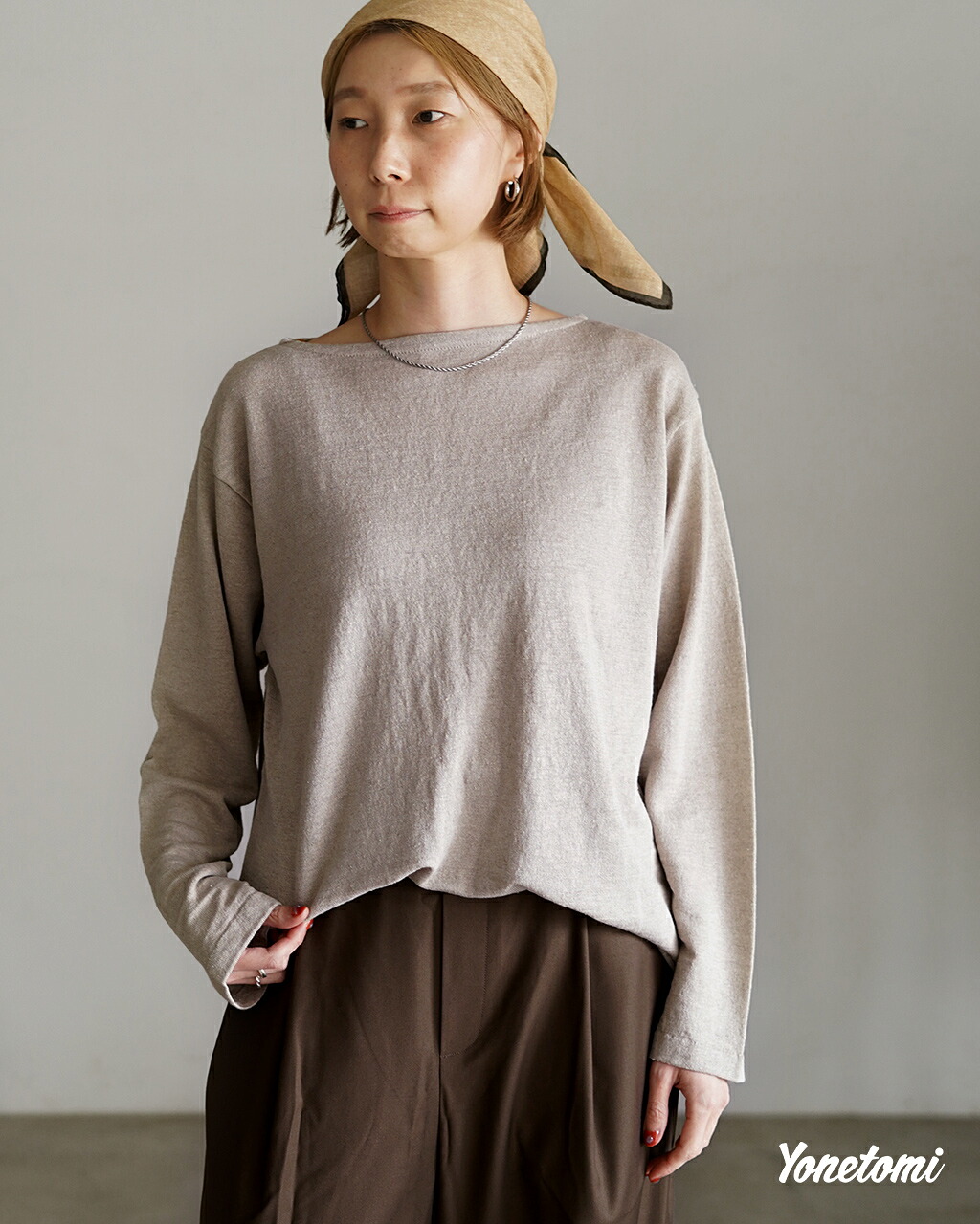 ヨネトミ Yonetomi NEW BASIC 亜麻色 リネン バスクニット プルオーバー メンズ レディース AMA LINEN BASQUE KNIT PULLOVER 95-262-018 0316｜Crouka／クローカ