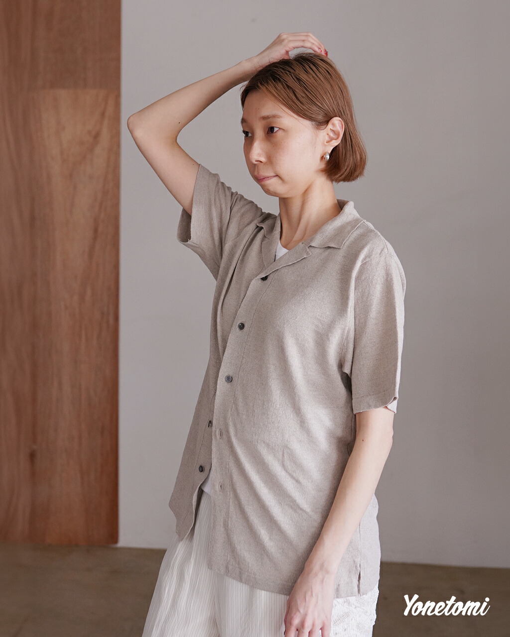 ヨネトミ Yonetomi NEW BASIC 亜麻色 リネン ニットシャツ レディース メンズ AMA LINEN KNIT SHIRT 95-262-019 0316｜Crouka／クローカ