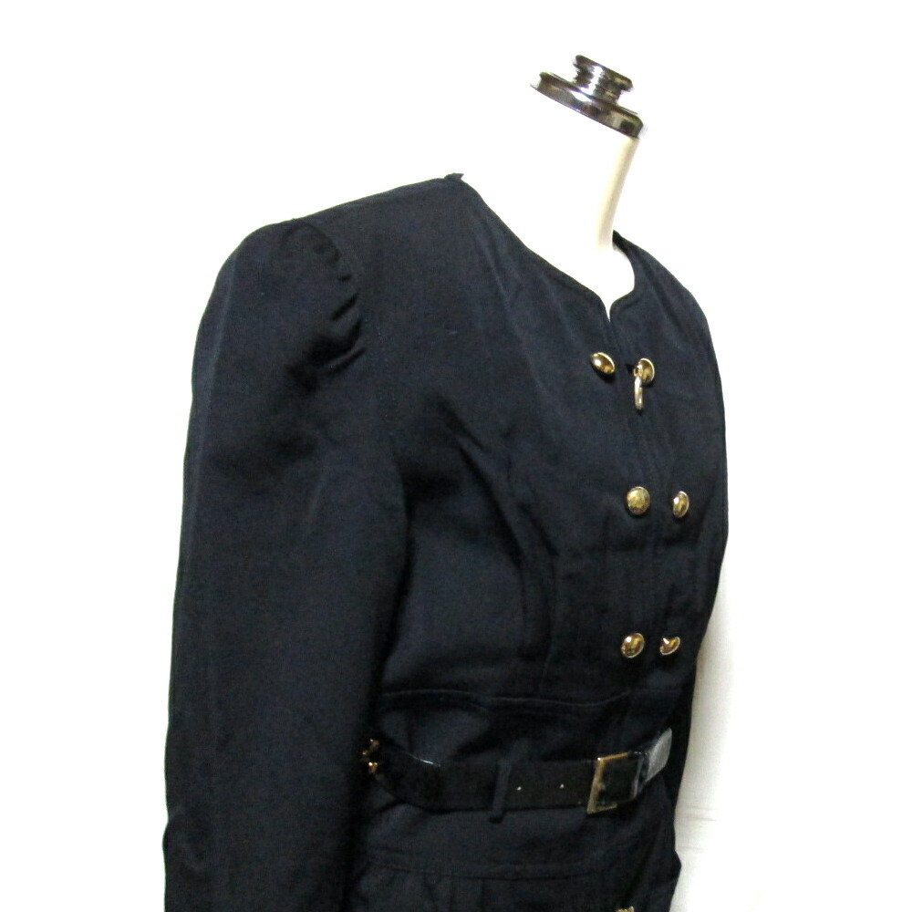 送料無料 イタリヤ 伊太利屋 イタリヤ Vintage ヴィンテージ ベルト付 税込 3980以上購入で アヴァンギャルド金ボタンワンピース 9 ベルト付 Vintage 黒 中古 Crown Store