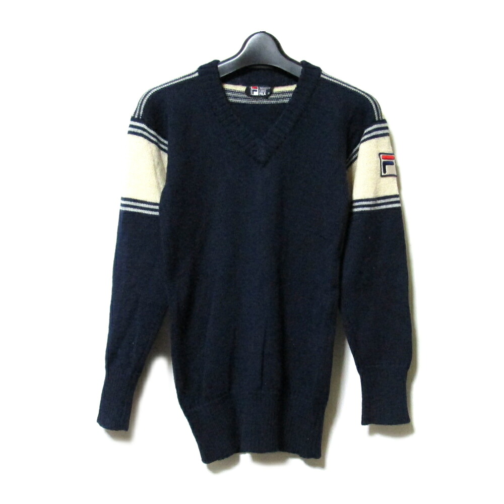 Vintage FILA ヴィンテージ フィラ 「46」 イタリア製 ラインニットセーター (紺 ネイビー ユニセックス ビンテージ) 134507 【中古】