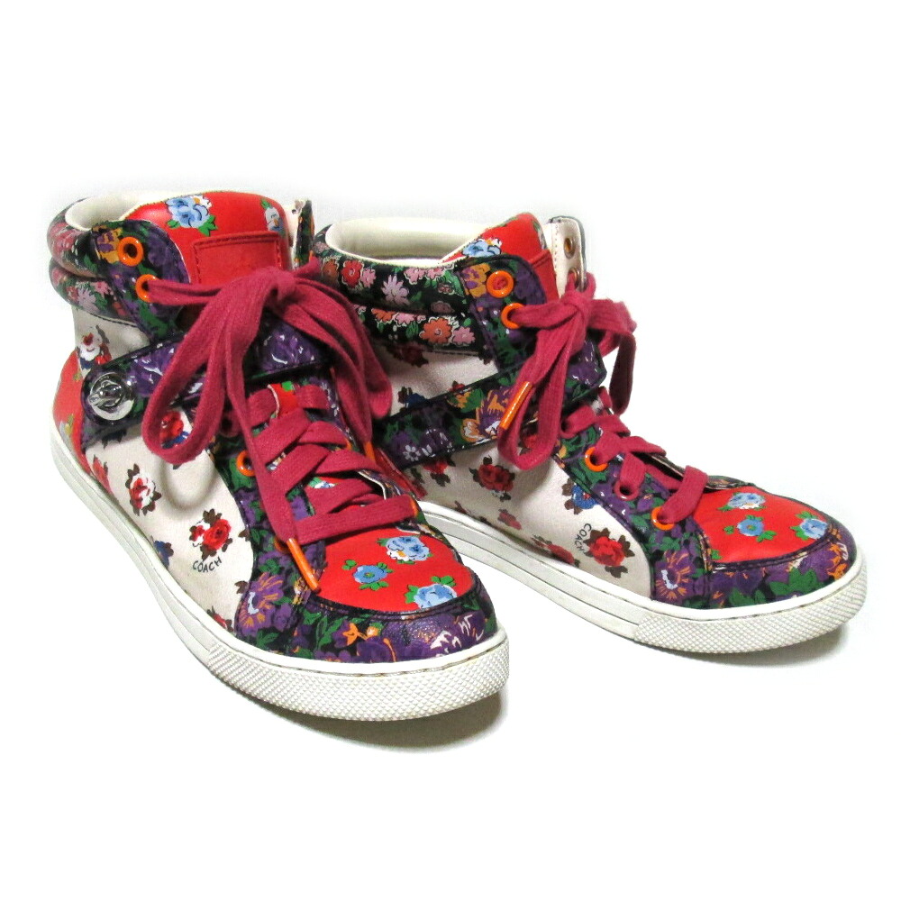 COACH コーチ 「24.0」 フラワーレザーハイカットスニーカー (靴 皮 革 レザー 赤 花柄 薔薇 ローズ) 138246 【中古】