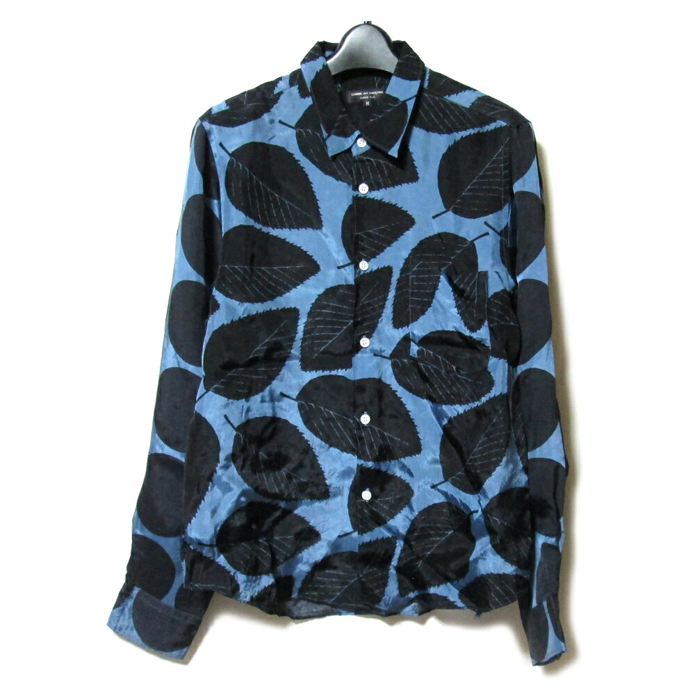 Vintage COMME des GAR&Ccedil;ONS HOMME PLUS ヴィンテージ コムデギャルソン オムプリュス 「M」 2001 リーフプリント レーヨンシャツ (ブルーグレー&times;ブラック 長袖) 139108 【中古】｜CROWN STORE