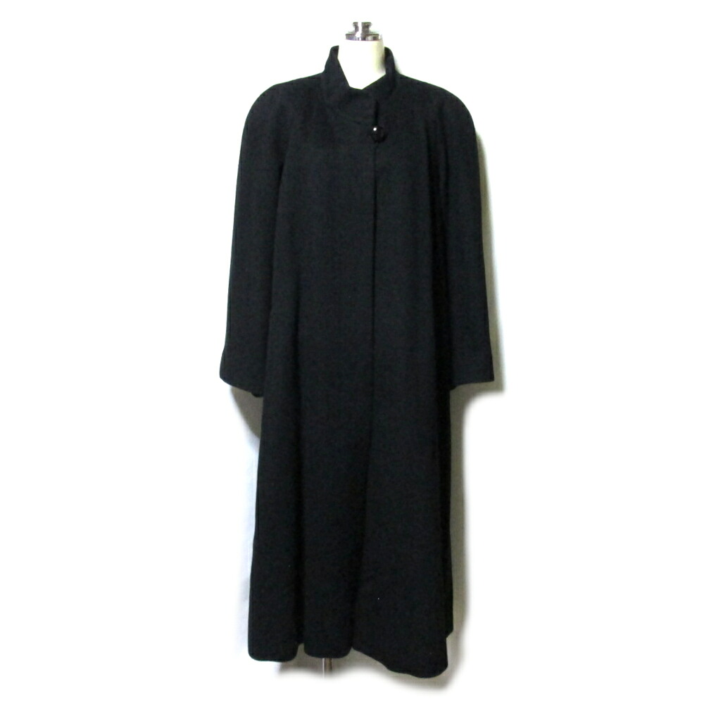 美品 Vintage Japanese ヴィンテージ 「F」 日本製 カシミヤ100％ロングコート (黒 ブラック 絹 シルクスカーフ裏地（馬柄）付き｜最高級仕立て) 139592 【中古】