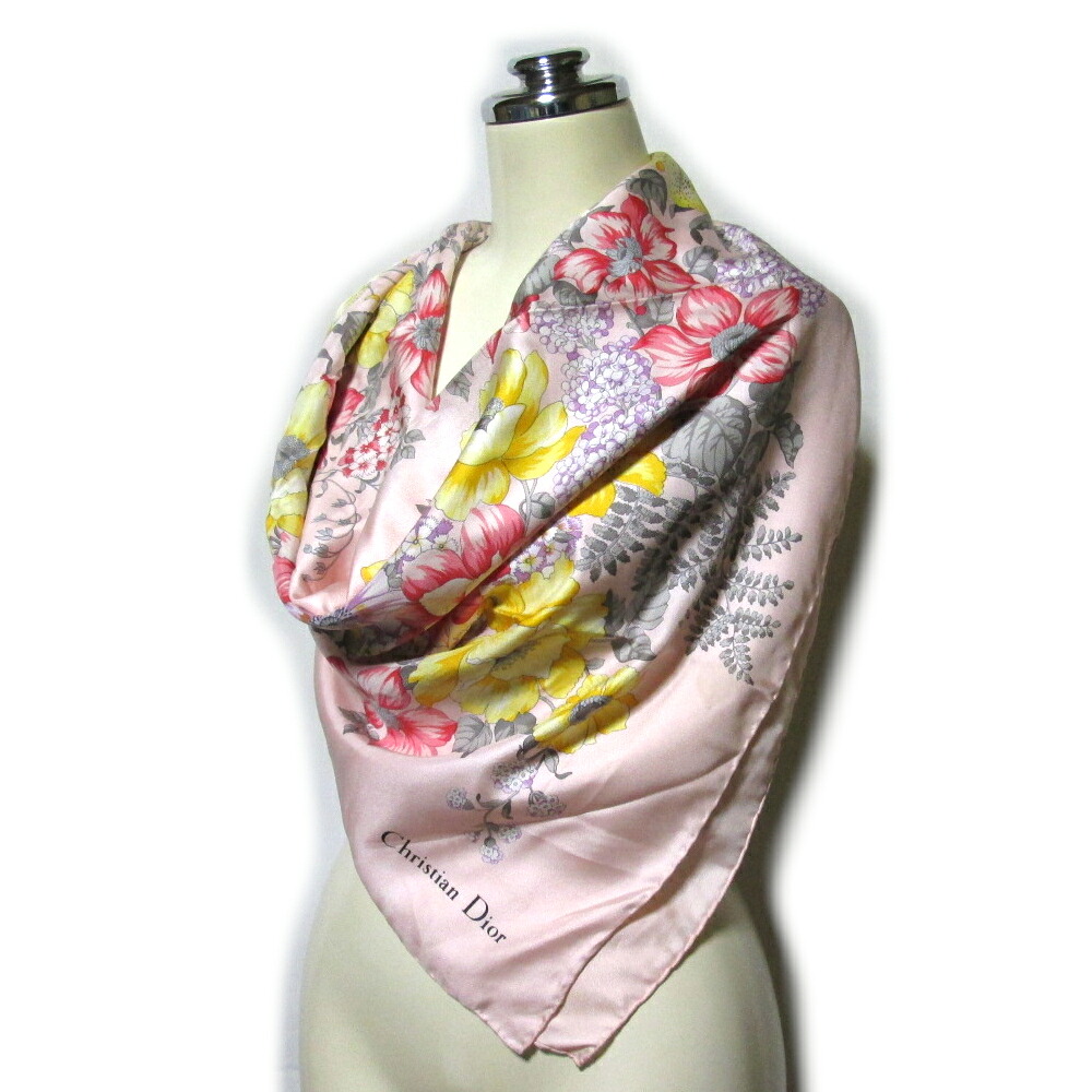 Vintage Christian Dior ヴィンテージ クリスチャンディオール イタリア製 ピンク フローラル 大判シルクスカーフ (絹 ワイド 花柄) 139660 【中古】