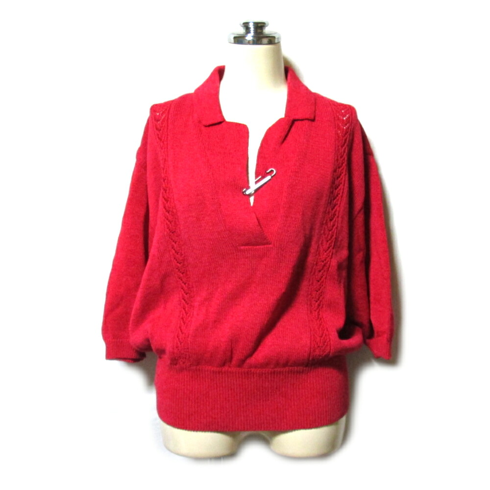 美品 Vintage Pierre Cardin ヴィンテージ ピエール・カルダン 「L」 シルク×レーヨン カットソー/ブローチ付き ピンク (ピンク 半袖 ポロニット Tシャツ) 139664 【中古】|CROWN STORE