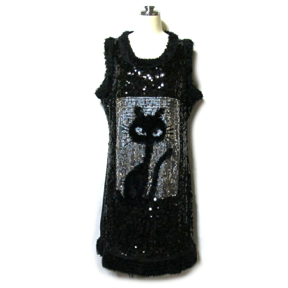美品 Vintage funky people ヴィンテージ ファンキーピープル 「XL」 ファー&times;スパンコール 猫モチーフワンピース.ロングカットソー (黒 ブラック ストレッチ素材) 139747 【中古】｜CROWN STORE