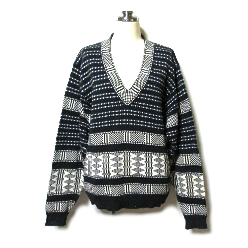 Vintage KENZO ヴィンテージ ケンゾー 「M」 日本製 エスニック幾何学学飾りつけ Vネックニットセーター  (黒いこと軍事基地 遊撃手丈 高田賢三 Made インチ Japan) 140137 【中古】