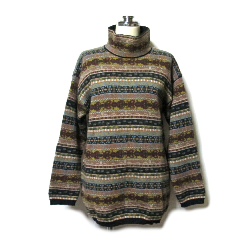 Vintage KENZO ヴィンテージ ケンゾー 日本製 旅する民族柄 ハイネックニットセーター  (緑であること×赤銅色系 高田賢三 Made インチ Japan) 140140 【中古】