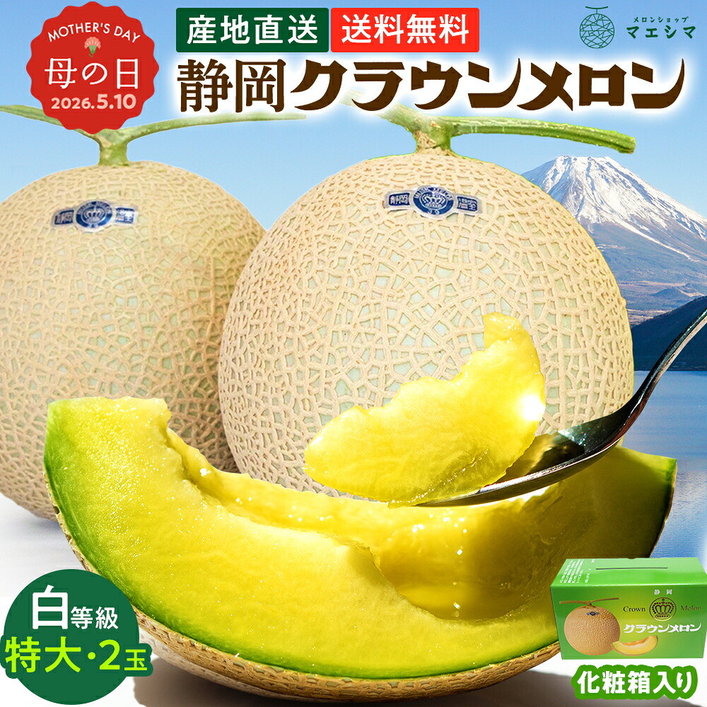 【送料無料】静岡クラウンメロン 白等級 1.5kg前後 2玉 静岡県産ガラス温室栽培 （日時指定OK）