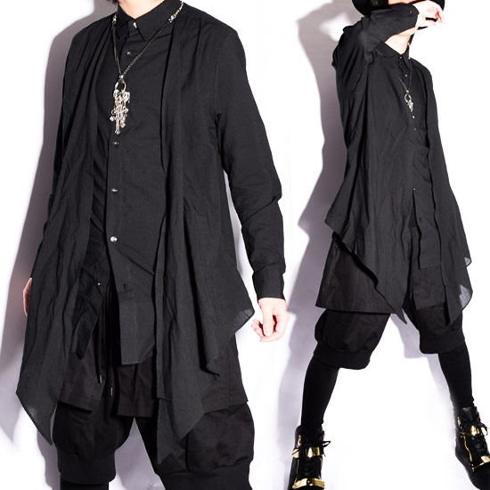 シャツ メンズ ロング丈 長袖シャツ 無地 ブラック 黒 ロングシャツ ガーゼシャツ 重ね着風 カーディガン フェイクレイヤード 送料無料 春 新作 ホスト V系 ビジュアル系 モード系 ストリート系 ファッション 個性的 衣装 日本製 Alleglo オリジナル ブランド 韓国 Csg