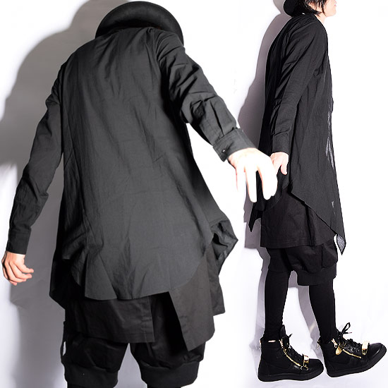 シャツ メンズ ロング丈 長袖シャツ 無地 ブラック 黒 ロングシャツ ガーゼシャツ 重ね着風 カーディガン フェイクレイヤード 送料無料 春 新作 ホスト V系 ビジュアル系 モード系 ストリート系 ファッション 個性的 衣装 日本製 Alleglo オリジナル ブランド 韓国 Csg