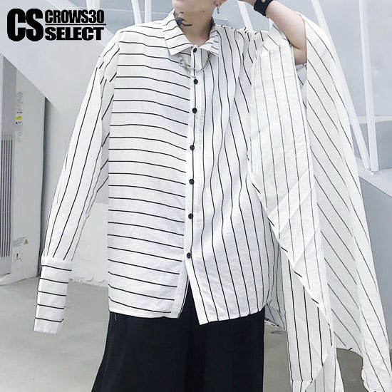 シャツ メンズ ストライプシャツ ボーダーシャツ バイカラーシャツ ポンチョ インポート ロング丈 2019 春 新作 トップス 個性的 キレイ目 ホスト V系 ビジュアル系 ストリート系ファッション モード系ファッション 衣装 ユニセックス レディース ホワイト 白 ブラック 黒