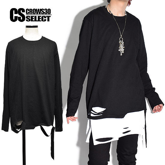 史上最も激安 ロングtシャツ モード系 メンズ ダメージ加工 ロングカットソー オーバーサイズ 長袖 Tシャツ メンズファッション インポート 春 ホスト V系 ビジュアル系 モード系 ストリート系 衣装 ブラック 黒 お兄系 ユニセックス レディース クローズcrows