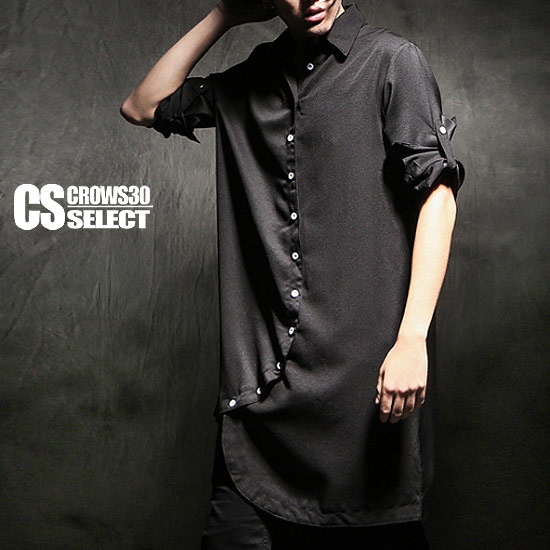 楽天市場 シャツ メンズ ロング丈 シャツ インポート ロールアップ 変形 アシンメトリー 送料無料 春 新作 トップス 個性的 キレイ目 ホスト V系 ビジュアル系 ストリート系ファッション モード系ファッション ファッション 系 衣装 ブラック 黒 クローズcrows