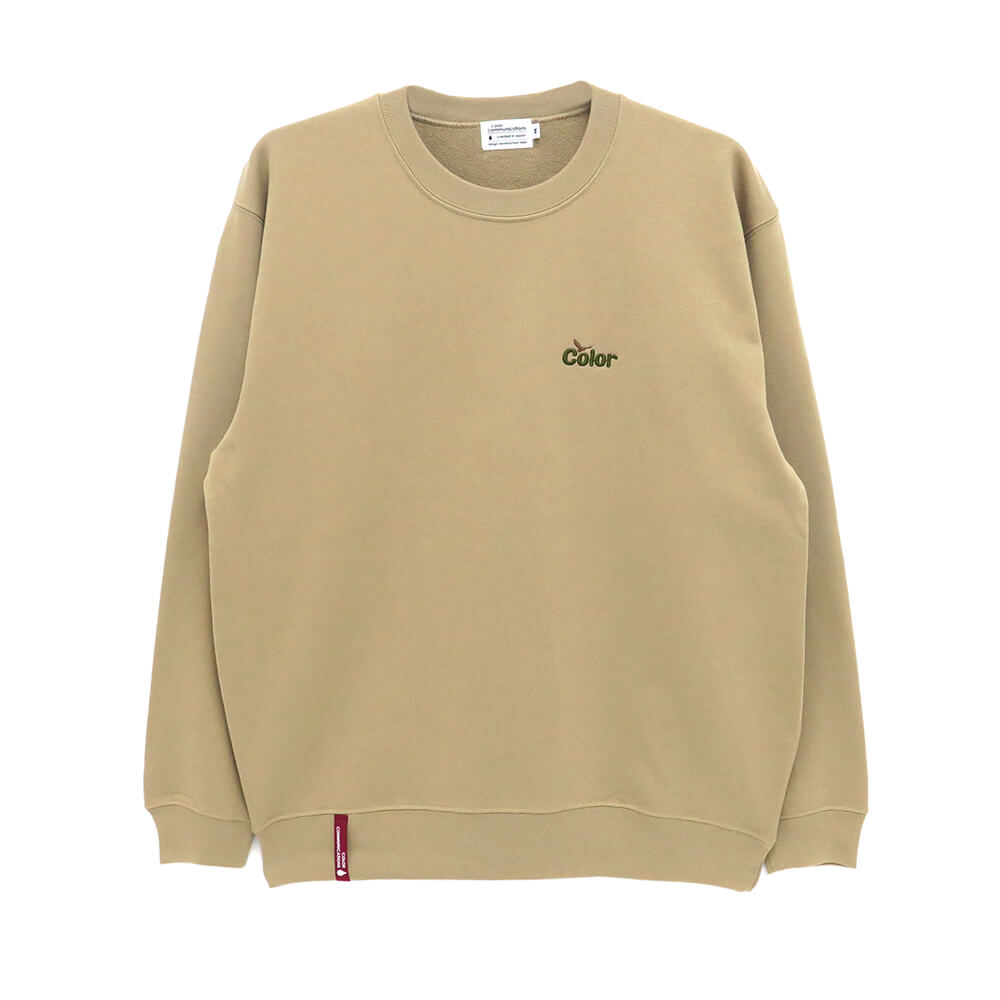 COLOR COMMUNICATIONS CREW SWEAT カラーコミュニケーションズ 調教師 WAWA OWL EMB LETTER SAND KHAKI 刺しゅうロゴタイプ 滑るゲーム盤 スケボー