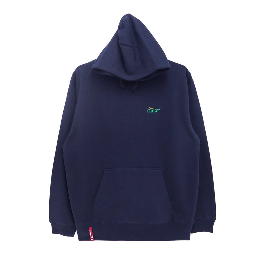 COLOR COMMUNICATIONS HOOD カラーコミュニケーションズ パーカー WAWA OWL EMB LETTER NAVY 刺しゅうロゴタイプ 滑るゲーム盤 スケボー