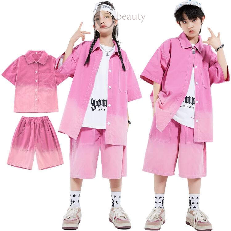 セットアップ ピンク ヒップホップ デニム 半袖 シャツ ハーフパンツ キッズダンス衣装 オシャレ 男の子 女の子 デニムシャツ デニムパンツ 子供服 韓国 練習着 かっこういい 発表会 ダンス衣装 キッズ ダンス デニム パンツ ショートパンツ ジーンズ ズボン k-pop