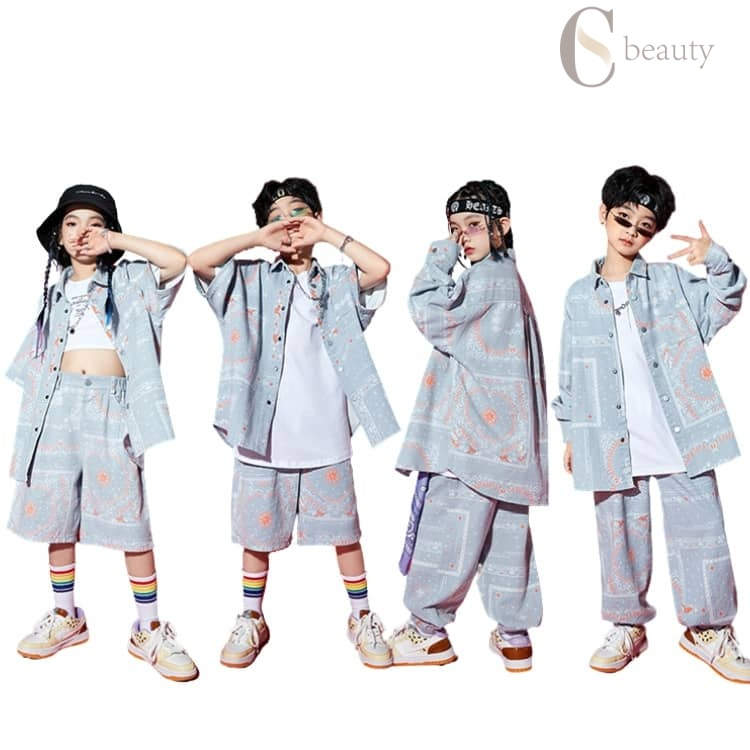 子供服 ヒップホップ キッズ ダンス 衣装 シャツ 半袖 パンツ 演出服 キッズダンス衣装 セット ペイズリー柄 ダンスウェア 女の子 男の子 練習着 ストリート系 グレー