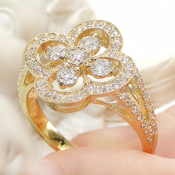 K18YG 0.7ct ダイヤモンド クローバー リング 送料無料 四つ葉の ...