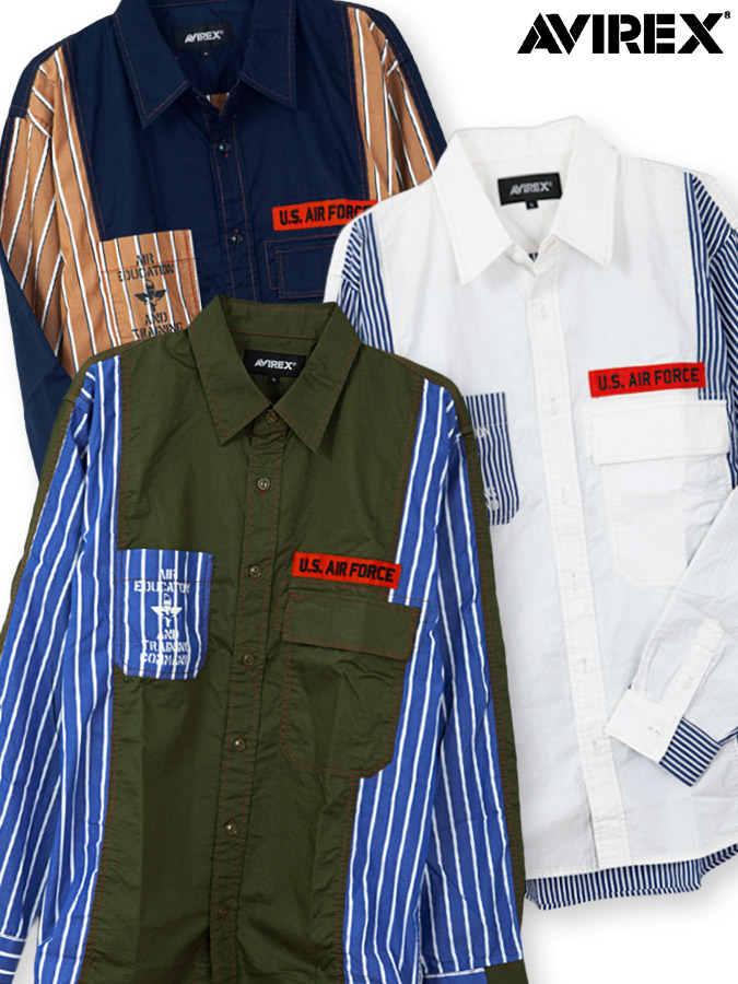 信頼 Avirex Remake Stripe Military Shirt シャツ ミリタリーシャツ リメイク メンズ ユニセックス 秋 秋冬 春 白 ホワイト 緑 カーキ グリーン 紺 ネイビー M L Ll Xl 2l Xxl 3l 大きいサイズ 大きめ 人気 おすすめ