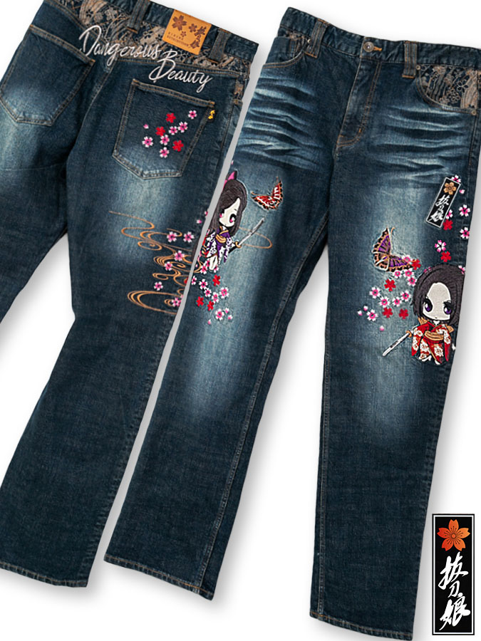 今月限定 特別大特価 楽天市場 送料無料 抜刀娘 ほのかちゃん りんちゃん 総刺繍 デニム パンツ 和柄 ボトム ジーパン ジーンズ 通販 春 春服 夏 夏服 メンズ ユニセックス 紺 ネイビー インディゴ 30 32 34 36 38 40 100 大きいサイズ 大きめ 人気