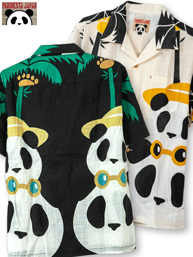 送料無料 Pandiesta Japan 親子パンダ パネルプリント アロハシャツ 和柄 半袖シャツ ハワイアンシャツ 通販 春 春服 夏 夏服 メンズ ユニセックス 白 ホワイト 黒 ブラック M L Xl Ll 2l Xxl 3l 大きいサイズ 人気 かわいい パンダ ブランド